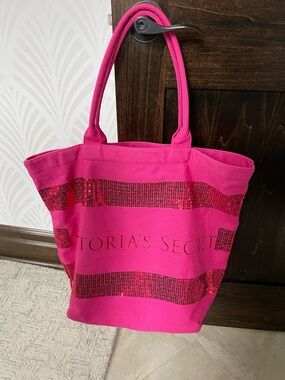 Victoria's Secret Bright Pink Sequin Stripe Tote